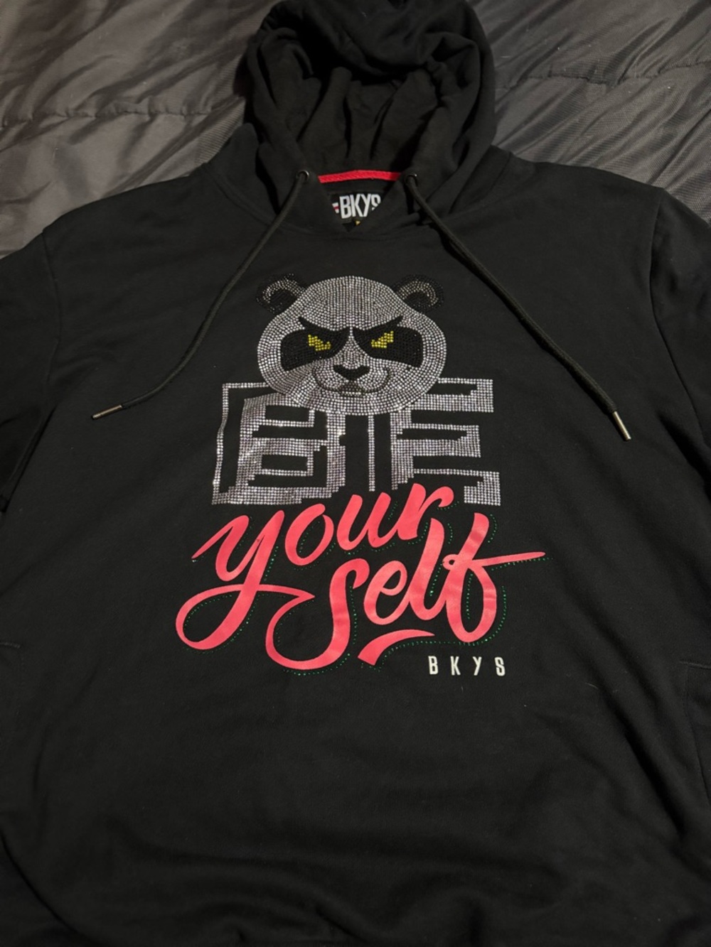 BKYS Black Hoodie with Rhinestone Panda & Pink Script